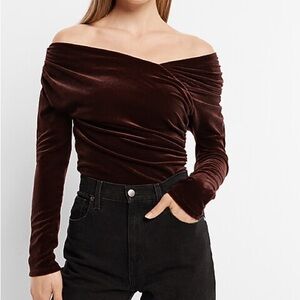 Express Off-Shoulder Velvet Long-Sleeve Top in Chocolate Brown
